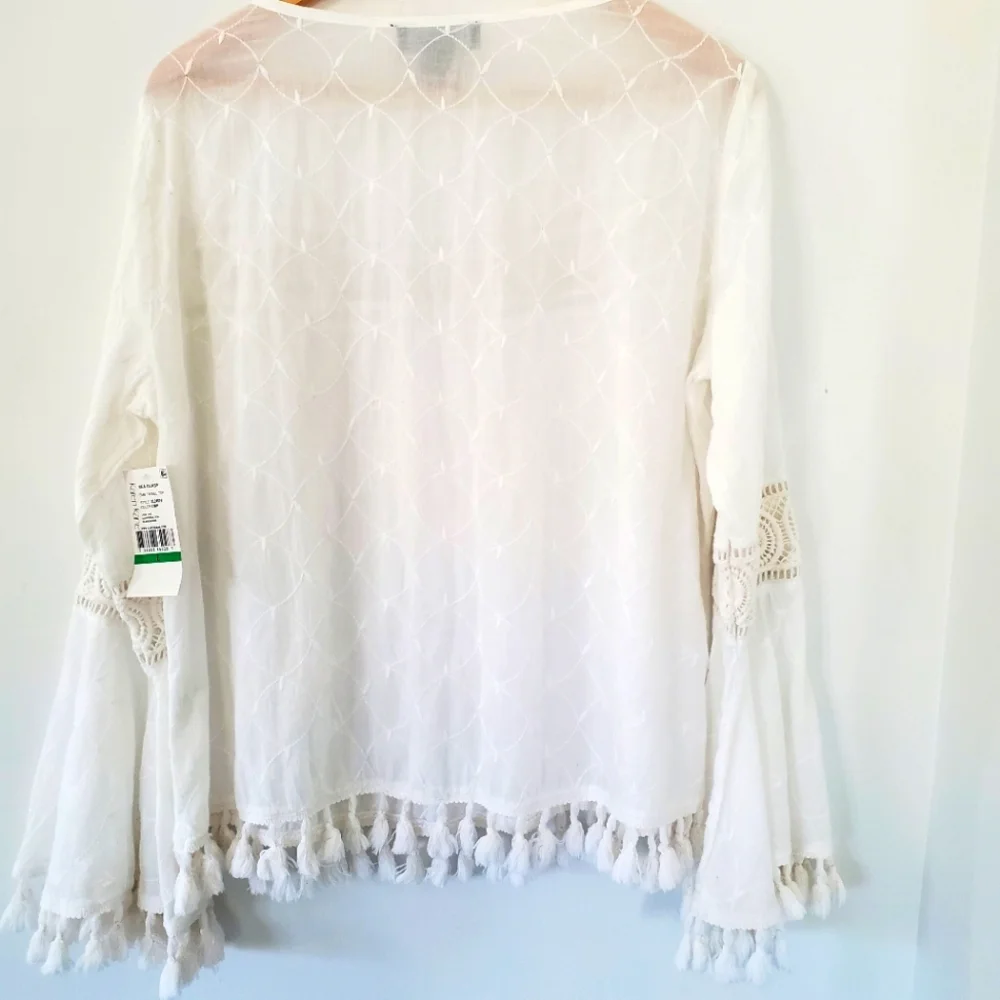NWT KAREN KANE L White Embroidered Tassel Top Cotton Bell Sleeve Boho Coastal - Picture 12 of 14